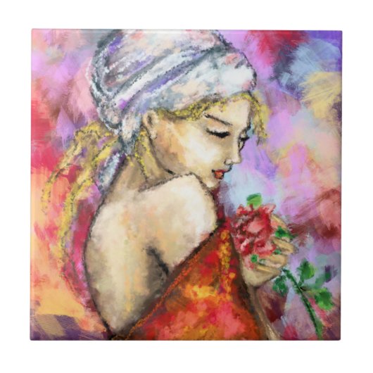 セラミックタイルバラ付き女性 タイル (正面)