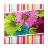 セラミックタイルピンクフローラストライプ タイル (正面)