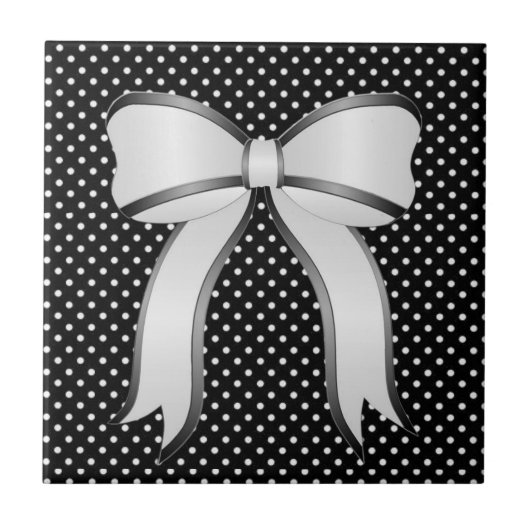 セラミックタイルホワイトブラック水玉模様ホワイトボウ タイル (正面)