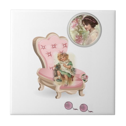 セラミックタイルヴィンテージガール女猫フローラ タイル (正面)