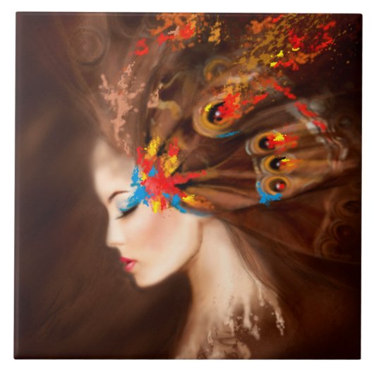 セラミックタイル女性蝶Large(6" X 6") タイル (正面)