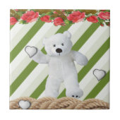 セラミックタイル白グリーンストライプフローラテディベア タイル (正面)
