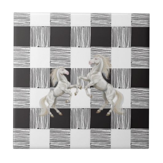 セラミックタイル白黒格子馬 タイル (正面)