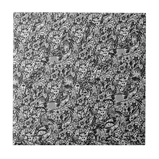 セラミックタイル花アート抽象芸術白黒 タイル (正面)