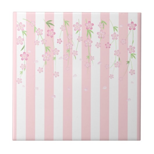 セラミックタイル ピンクと白のストライプの花 フローラル (正面)