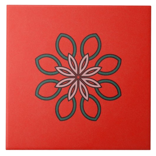 セラミックタイル – ピンクと緑の万華鏡のように千変万化するパターン花 (正面)