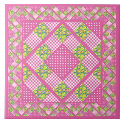 セラミックタイル:ピンク:プリムローズ、水玉模様、ギンガム タイル (正面)