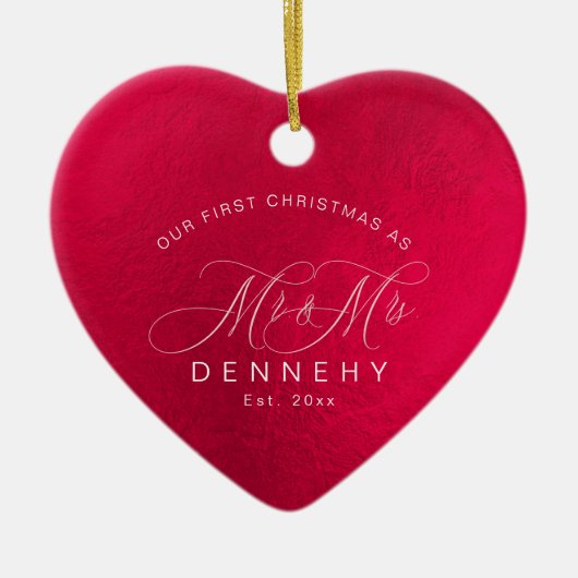 セラミックハートファーストクリスマス、イリデセントレッド セラミックオーナメント (正面)