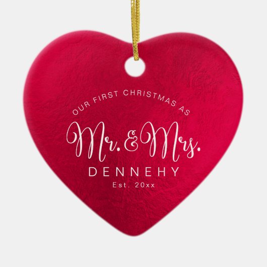 セラミックハートファーストクリスマス、イリデセントレッド セラミックオーナメント (正面)