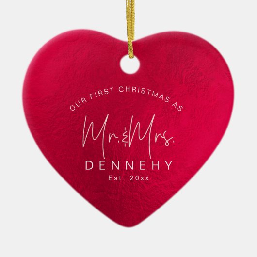 セラミックハート初めてのクリスマス、虹色（赤） セラミックオーナメント (正面)