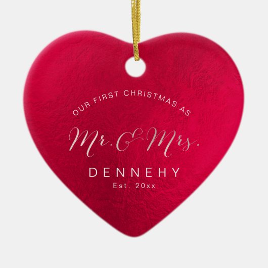 セラミックハート初めてのクリスマス、虹色（赤） セラミックオーナメント (正面)