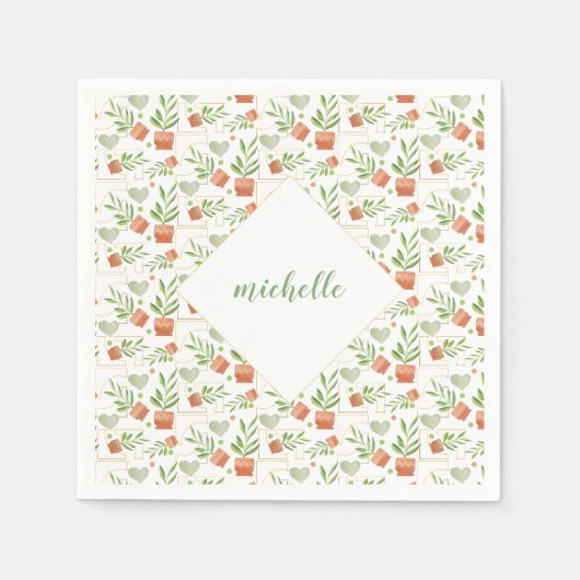 セラミックポットの家庭植物の水彩模様 スタンダードカクテルナプキン (正面)