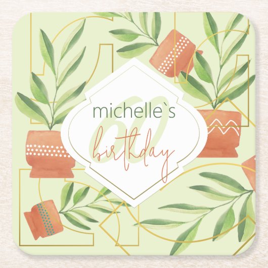 セラミックポット水彩新鮮植物 スクエアペーパーコースター (正面)