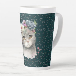 セラミックラテマグカップ – かわいい猫とワイルドフラワー カフェラテマグ