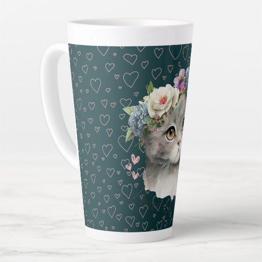 セラミックラテマグカップ – かわいい猫とワイルドフラワー カフェラテマグ (左アングル)