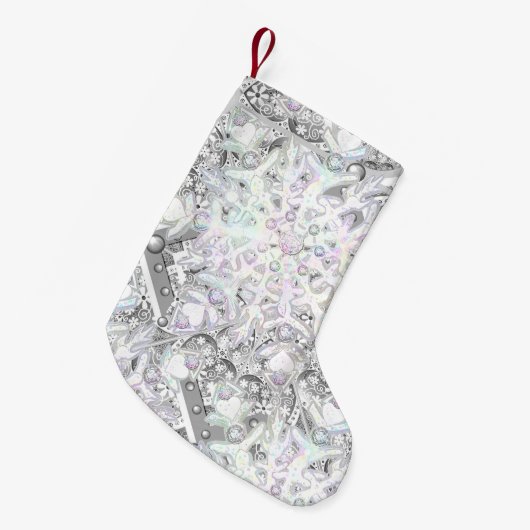セラミックレースグレーとスノーフレーク スモールクリスマスストッキング (正面 (吊り時))