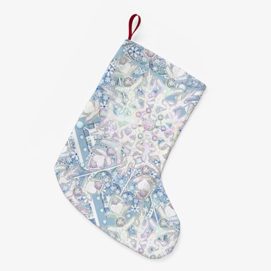 セラミックレーススカイブルー&スノーフレーク スモールクリスマスストッキング (正面 (吊り時))
