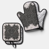 セラミックレースブラック&スノーフレーク 鍋つかみ&鍋敷きセット (正面/裏面)