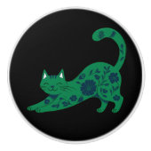 セラミック プル グリーン フローラル 猫 セラミックノブ (正面)