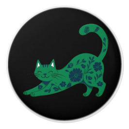 セラミック プル グリーン フローラル 猫 セラミックノブ