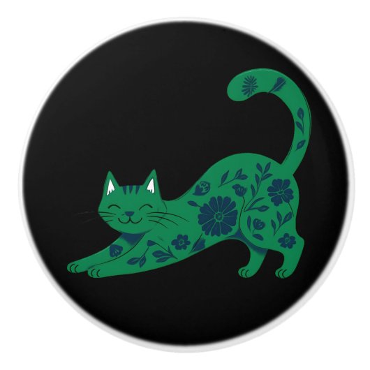セラミック プル グリーン フローラル 猫 セラミックノブ (正面)