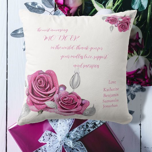 セリースピンクローズシルバーリーフママの愛 クッション