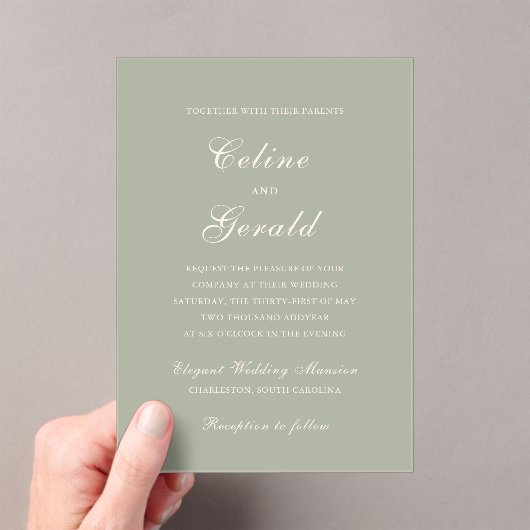 セリーヌミュート緑のエレガントな結婚式 アクリル招待状 (インサイチュ (ポータブル))