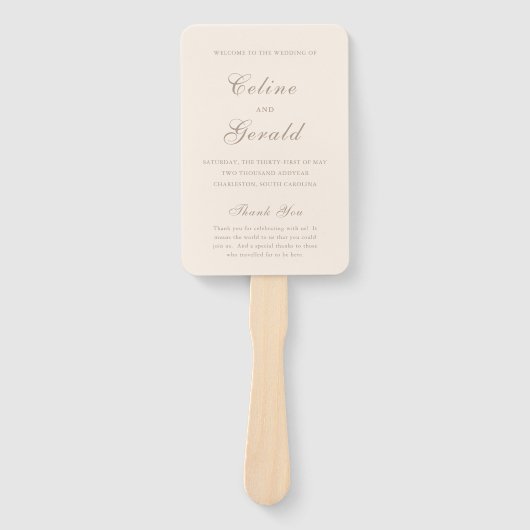 セリーンサンディニュートラルエレガントなウェディングプログラム ハンドファン (正面)