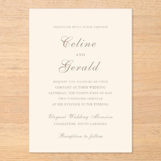 セリーンサンディニュートラルエレガントな結婚式 アクリル招待状 (正面)