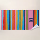 セルカラフルレストライプートイニシャル ビーチタオル (正面)