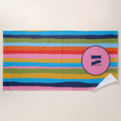 セルカラフルレストライプートイニシャル ビーチタオル (正面)