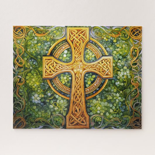 セルティッククロスケルト結び目模様グリーン金ゴールド結び糸細工 ジグソーパズル (横)
