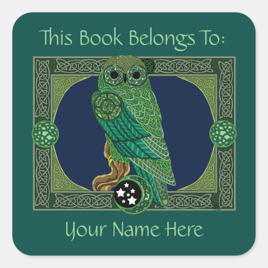 セルティックグリーンフクロウ蔵書票 スクエアシール (正面)