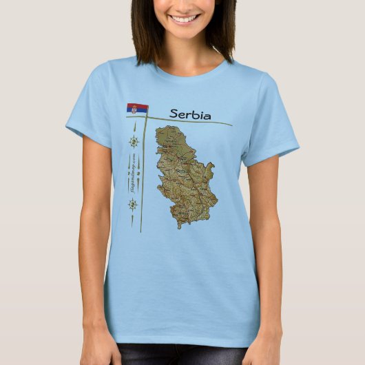 セルビアの地図+国旗+タイトルTシャツ Tシャツ (正面)