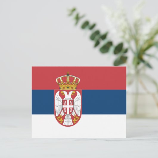 セルビア国旗を掲げたはがき ポストカード (スタンド正面)