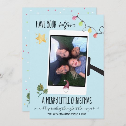 セルフィーでクリスマスメリーの写真を撮る シーズンカード (正面/裏面)