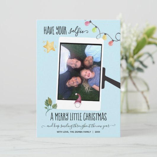 セルフィーでクリスマスメリーの写真を撮る シーズンカード (スタンド正面)