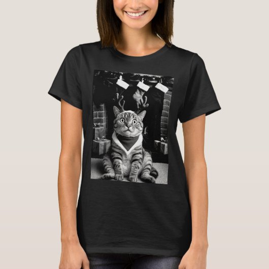 セルフィーを撮る面白い猫のクリスマスパジャマ H Tシャツ (正面)