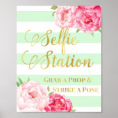 セルフィーステーションサインピンクフローラ金ゴールドミントストライプズ ポスター (正面)