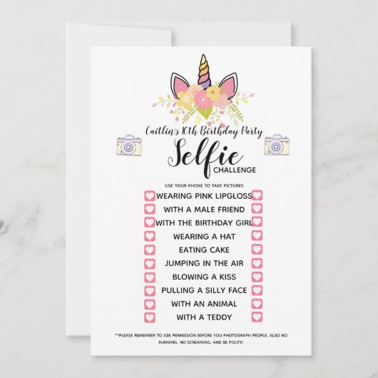 セルフィ·チャレンジ·ゲーム·バースデー·パーティー 招待状 (正面)