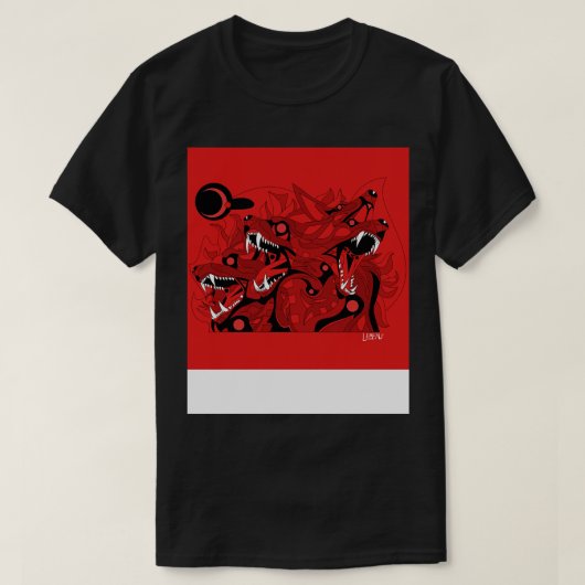 セルベルス犬の血カデホ地獄の犬の血の中で深紅 Tシャツ (デザイン正面)