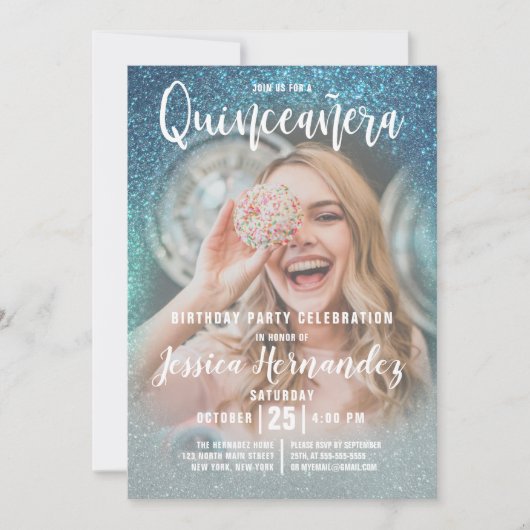 セルリアンブルー三グリッター写真キンセアニラ 招待状 (正面)