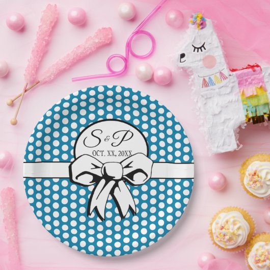 セルリアンブルー水玉模様ホワイトボウパーソナライズされた ペーパープレート (パーティー)