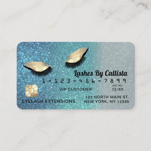 セルリアンブルー金ゴールドグリッターラッシュクレジットカード 名刺 (正面)