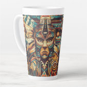 セルーリアンブルー「メソアメリカンモチーフ」背の高いラテマグカップ カフェラテマグ (左アングル)