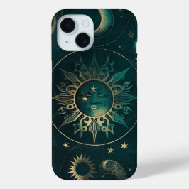 セレスチャルグリーン&ゴールド:エレガントな携帯ケース iPhone 15ケース