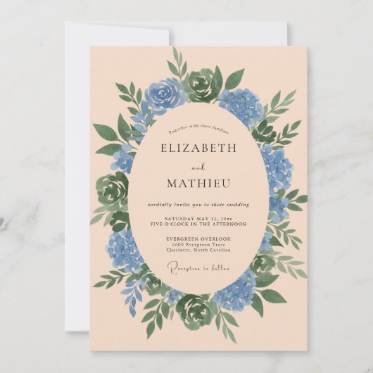 セレスチャルブルーのオリーブの花輪の結婚式 招待状 (正面)