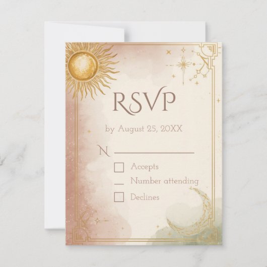 セレスティアル ウェディング RSVP カード QRコード ピンクセージゴールド (正面)