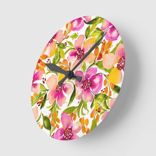 セレナピンクとイエローウォーターのカラーフローラ ラウンド壁時計 (傾斜)