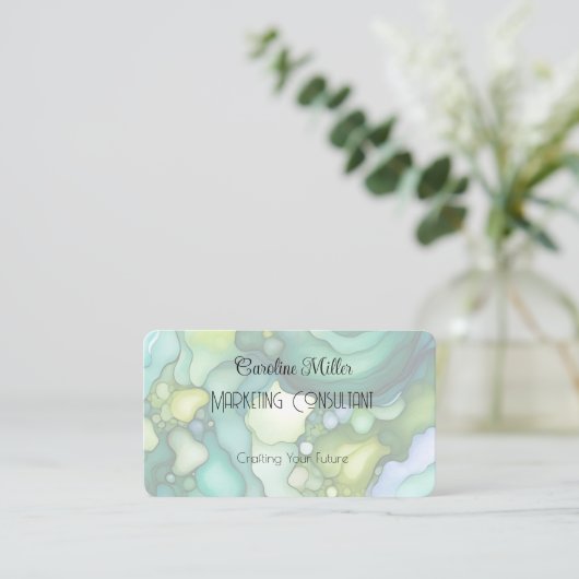 セレニティイングリーン抽象芸術フロー型枠 名刺 (スタンド正面)